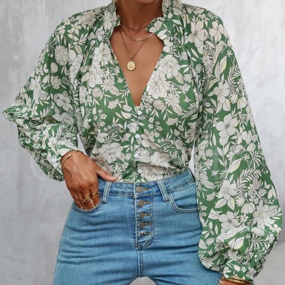Floral Print Green White Button Down Shirt Bishop Long Sleeve - Picture 2 of 11